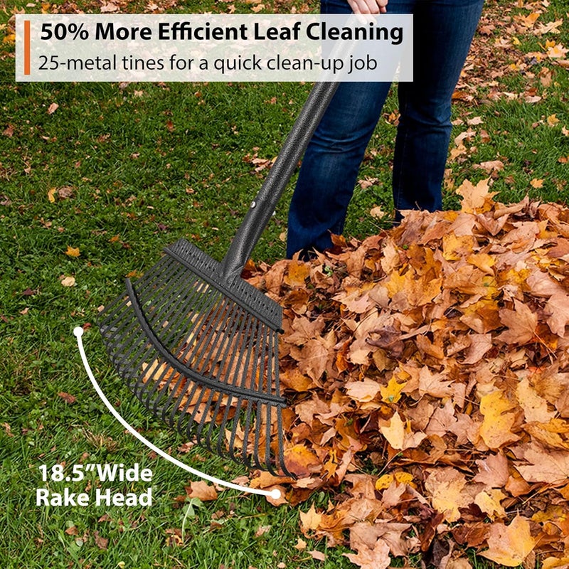 Feblomst Rake, Gardening Rakes for Leaves Lawns Heavy Duty, 79 in Leaf Rake with 25 Clog-Free Tines, 18.5” Wide Large Head, Metal Garden Tools for Yard Quick Cleanup Garss, Debris, Detachable for Camping - Image 2